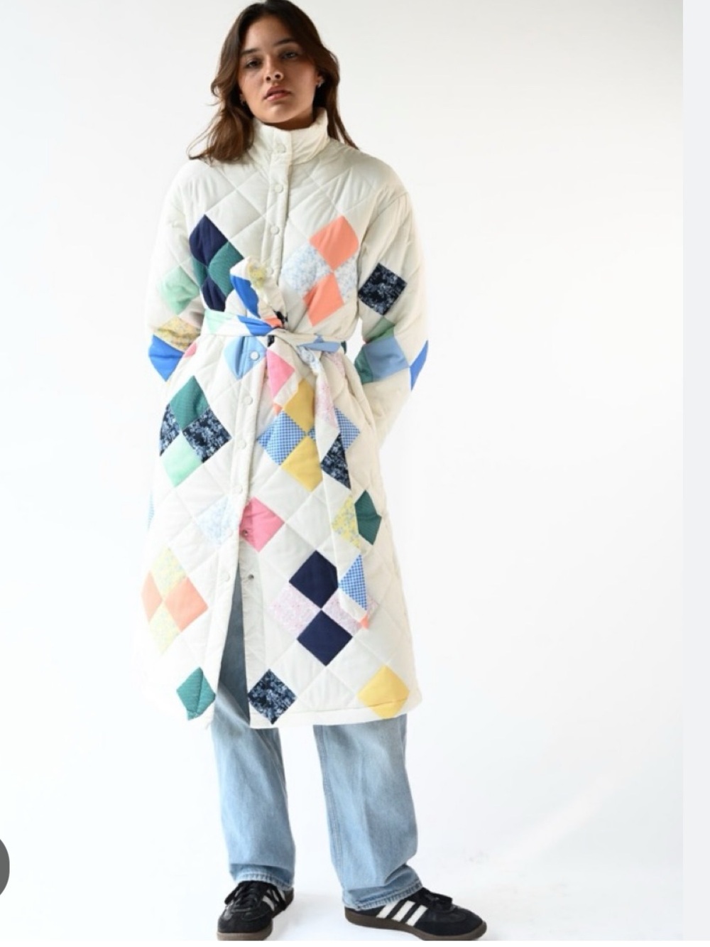 Yellow the Label Quilted Patchwork Belted Coat - White with Multicolor Diamonds - Picture 4 of 8